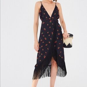 Farm Rio Black Pitanga fringed wrap dress adjustable strap beaded wrap ends